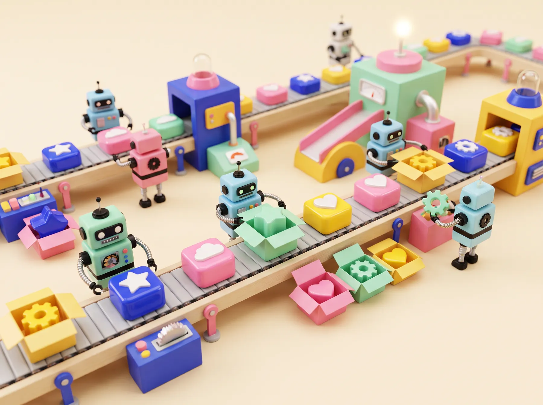 Tiny robots packaging colorful app-icon blocks on a conveyor belt