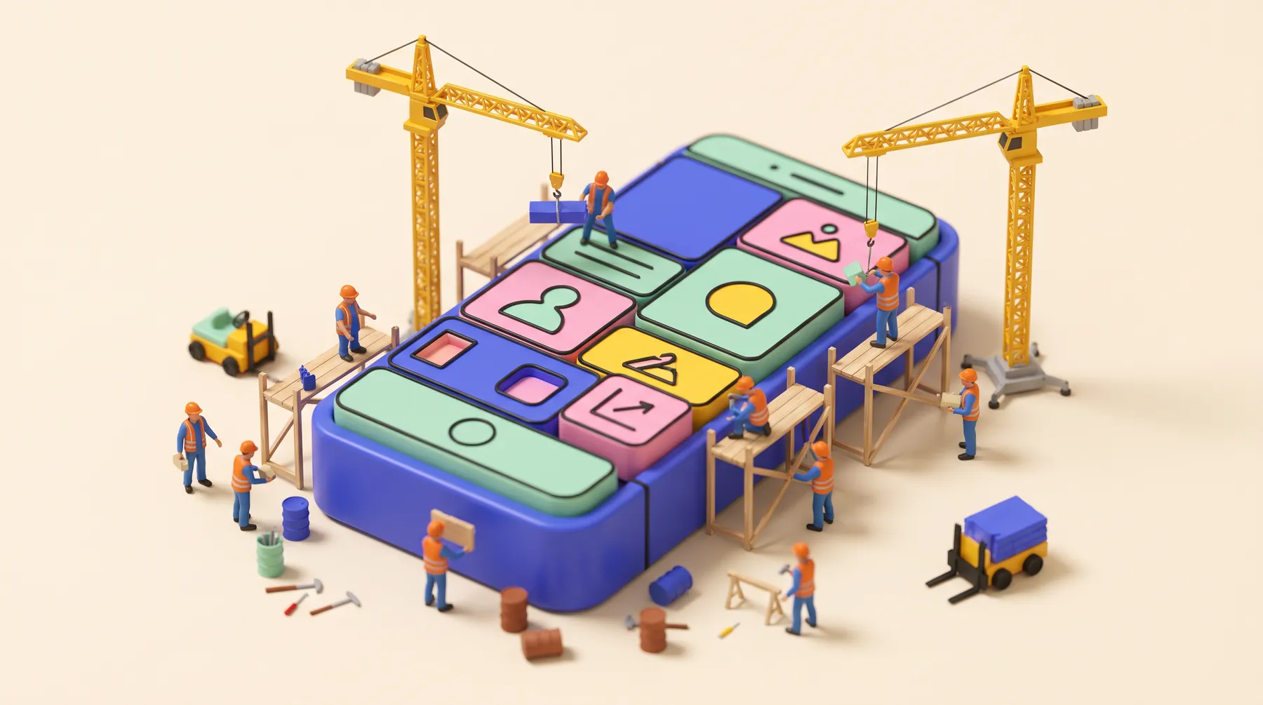 Tiny construction workers assembling a giant app interface from colorful blocks