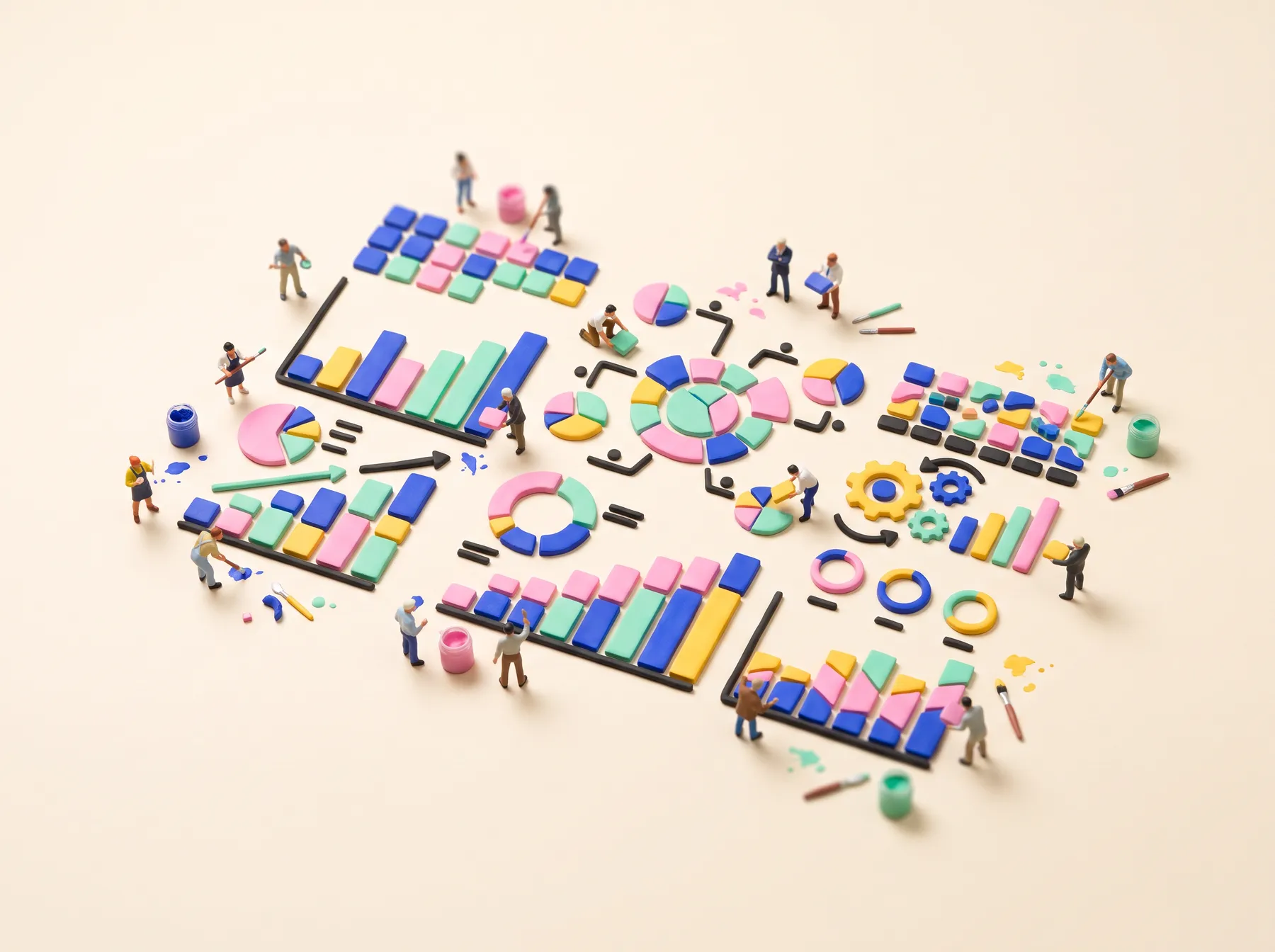 Tiny figurines arranging clay tiles into a business dashboard