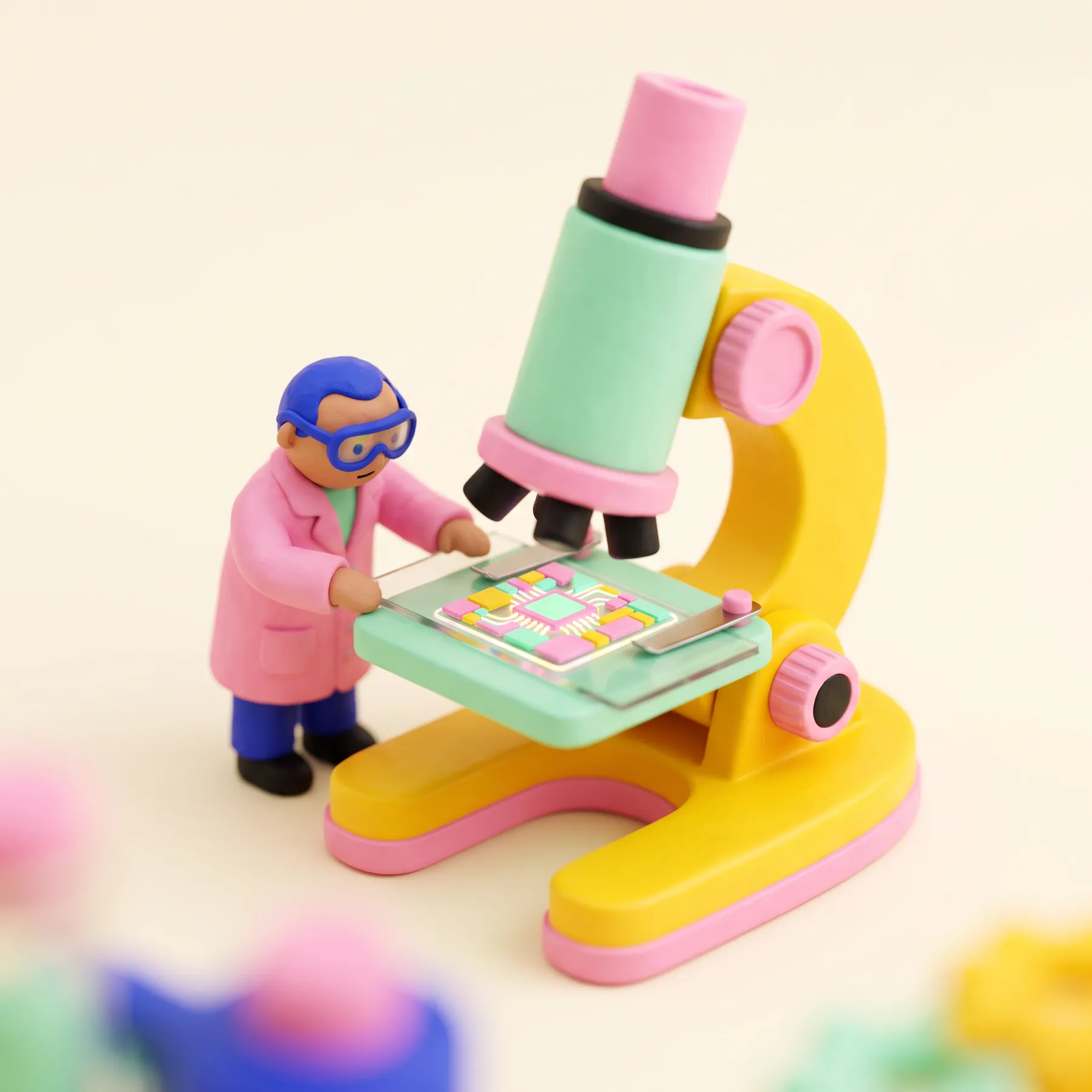 A tiny scientist peering through a giant microscope at a glowing chip